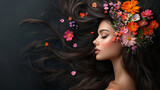 Piękna kobieta z kwiatami we włosach, wiosenne tło generative ai 