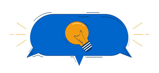 Poster - Light bulb enclosed within speech bubble 2D doodle object. Creativity, innovation, bright ideas. Lightbulb cartoon element flat vector clipart isolated on white background. Hand drawn illustration
