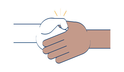Poster - Handshake multiracial doodle cartoon illustration. Cooperation and partnership. Gesture symbolic. Negotiating shaking hands 2D vector drawing isolated on white background. Editable hand-drawn clipart