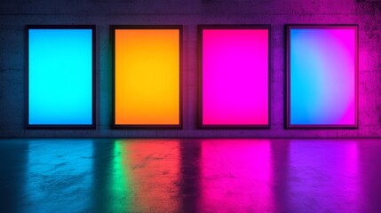 Poster - Vibrant Abstract Lighted Frames on a Modern Concrete Wall, Showcasing Vivid Color Gradients in a Contemporary Art Setting for Creative Interiors and Digital Backgrounds