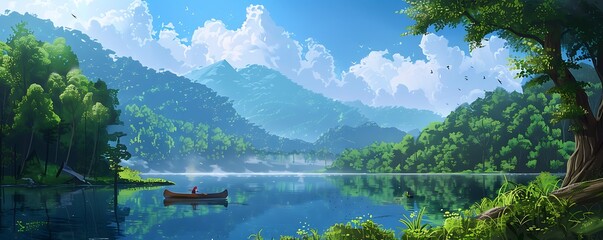 Wall Mural - canoeing calm lake summer