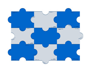 Poster - Interlocking puzzle pieces 2D doodle object. Teamwork, problem-solving, integration. Jigsaw pieces cartoon element flat vector clipart isolated on white background. Hand drawn illustration