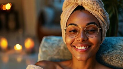Aufkleber - A young woman with a towel wrapped around her hair smiles warmly in a calming home environment. Soft candlelight creates a serene ambiance, perfect for relaxation and self-care.