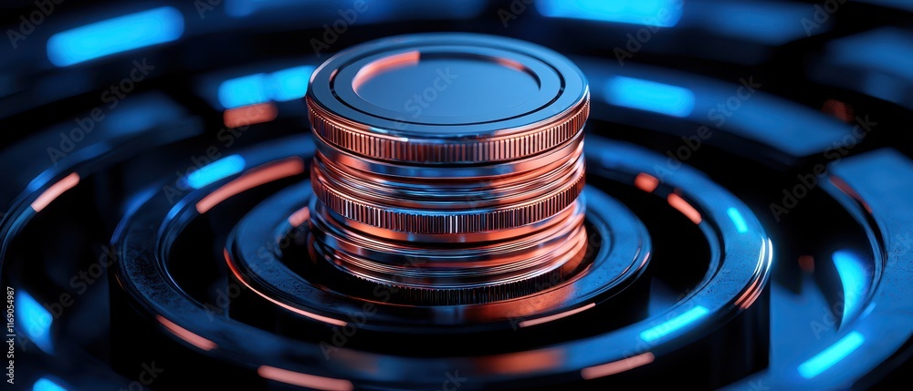 Abstract digital coins in a futuristic technology environment with ...