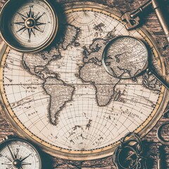  A detailed close-up of a vintage world map laid out on an old wooden table. Surrounding elements include a compass, magnifying glass, and antique keys. Warm sepia tones create a nostalgic atmosphere.
