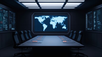 Wall Mural - High-Tech Conference Room with World Map Projection and Digital Displays in a Dark Environment, Featuring a Long Table Surrounded by Ergonomic Chairs