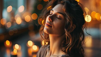 Aufkleber - A woman sits peacefully with closed eyes, embracing tranquility in a cozy home atmosphere illuminated by warm candlelight. This scene exudes calmness and encourages mindfulness.