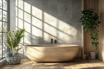 Sticker - Wooden Freestanding Bathtub In Modern Sunlit Bathroom