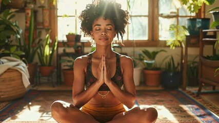 Aufkleber - A woman practices meditation in a cozy room filled with plants and natural light, creating a peaceful atmosphere for reflection and mindfulness. Her posture reflects calmness and focus.