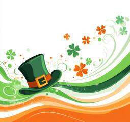 St. Patrick's Day background with shamrocks, a leprechaun hat, and wavy elements in orange, white, and green, flat vector illustration