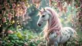 Dreamlike white unicorn horse with wavy pink mane and roses on body, standing in magical forest with hanging pink flowers and glowing lights