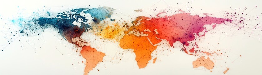 Fototapete - A digital world map featuring a web of interconnected nodes and lines
