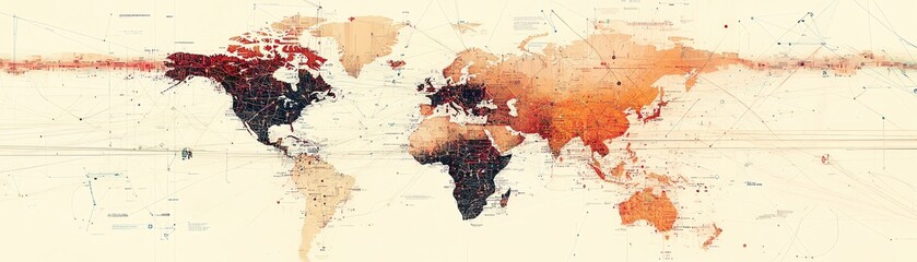 Fototapete - A digital world map featuring a web of interconnected nodes and lines
