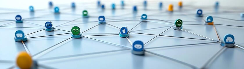 Aufkleber - A futuristic global business network concept with a digital web of interconnected nodes, lines, and social media icons, emphasizing corporate communication and technology