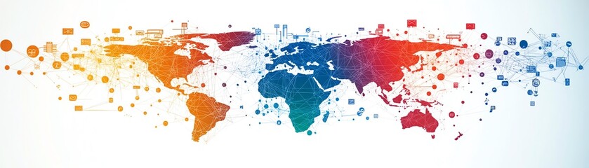 Aufkleber - A futuristic global business network concept with a digital web of interconnected nodes, lines, and social media icons, emphasizing corporate communication and technology
