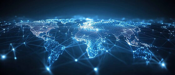 Poster - Abstract digital design showcasing a global business network with interconnected nodes and lines, representing social media connections, corporate communication, and technology