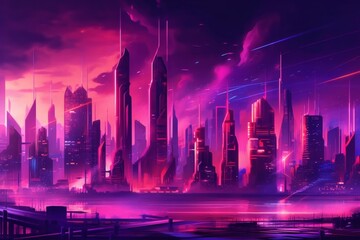 Wall Mural - futuristic city skyline with glowing skyscrapers reflected in a pink water. ai generative. .
