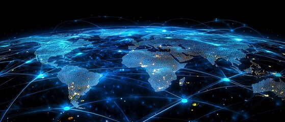 Poster - Abstract digital design showcasing a global business network with interconnected nodes and lines, representing social media connections, corporate communication, and technology