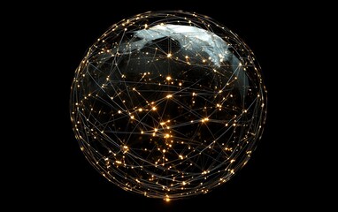 Poster - Abstract digital globe with interconnected nodes and lines, representing global business networks, social media connections, and corporate communication in a techdriven world