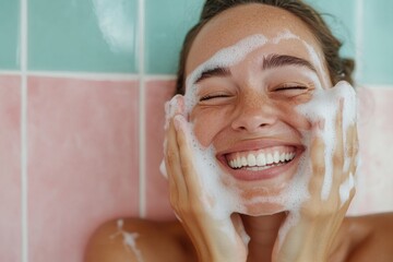 a beaming woman joyfully washes her face with cleansing foam, capturing the essence of happiness and