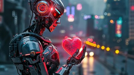 Poster - A futuristic robot stands in a bustling city adorned with neon lights, gently cradling a glowing heart.