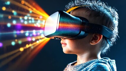 Poster - Child experiencing virtual reality with vibrant light effects in a dark environment