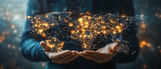 Poster - Global business network visualization with a web of connected nodes and lines, abstract digital design symbolizing corporate communication, technology, and social media links