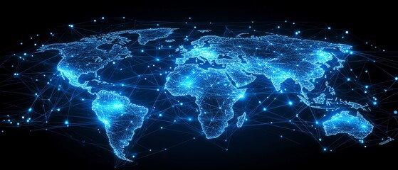 Poster - Global business network visualization with a web of connected nodes and lines, abstract digital design symbolizing corporate communication, technology, and social media links