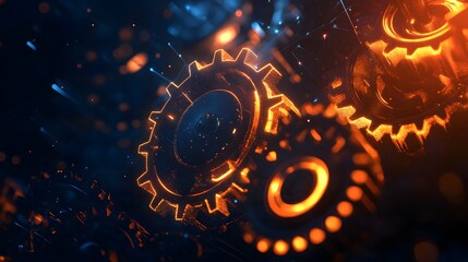 Poster - Glowing Orange Gears Interconnected In Dark Space