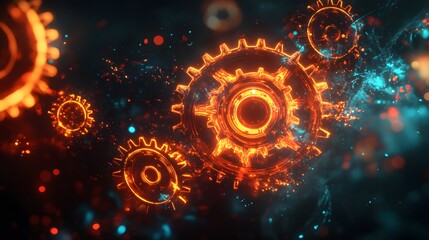 Poster - Glowing Orange Gears Rotating in Dark Space