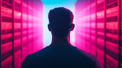 Poster - Mysterious Figure Standing in a Dimly Lit Data Center Surrounded by Glowing Servers in Shades of Purple and Blue, Evoking a Sense of Technology and Exploration