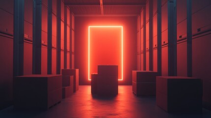 Poster - Futuristic Storage Room with Neon Light Portal and Abstract Boxes, Creating a Mysterious and Captivating Atmosphere Filled with Vivid Colors and Shadows