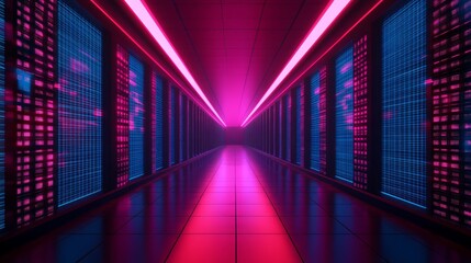 Poster - Futuristic corridor with neon lights and digital screens creating a vibrant atmosphere in a modern technology environment, perfect for high-tech design projects and digital art.