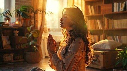 Aufkleber - A young woman engages in meditation at home, surrounded by plants and warm light. She sits cross-legged with hands in prayer position, creating a serene atmosphere of mindfulness and calm.