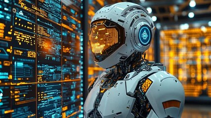 Poster - Futuristic robotic figure with glowing features in a high-tech data environment