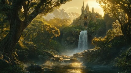 Wall Mural - Majestic Castle Waterfall Scenic Mountain Landscape