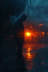 Wall Mural - rainy night cityscape with dramatic sunset reflections