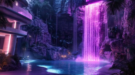 Poster - Futuristic Building Pool Waterfall Tropical Night Scene