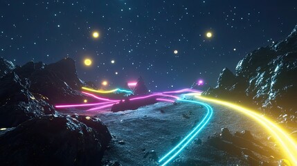 Poster - Neon Trails Across Alien Mountain Landscape