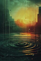 Wall Mural - cityscape rain ripples sunset view