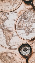  A detailed close-up of a vintage world map laid out on an old wooden table. Surrounding elements include a compass, magnifying glass, and antique keys. Warm sepia tones create a nostalgic atmosphere.