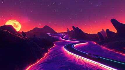 Wall Mural - neon road winding through alien landscape underneath a giant moon