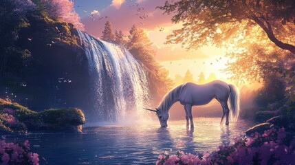 Sticker - Unicorn Drinks at Waterfall Serenity Peaceful Sunset Scene