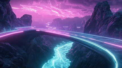 Wall Mural - neon road across a futuristic purple mountain landscape
