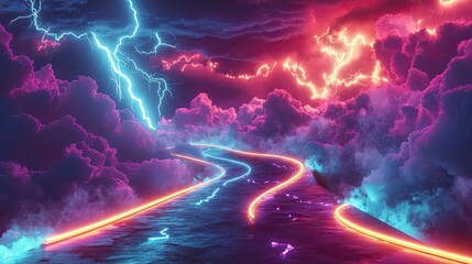 Wall Mural - neon road through electric storm cloudscape