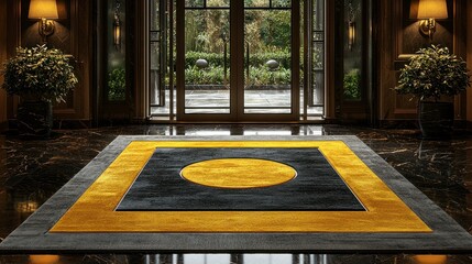 Poster - Elegant entryway with a geometric rug and large windows.