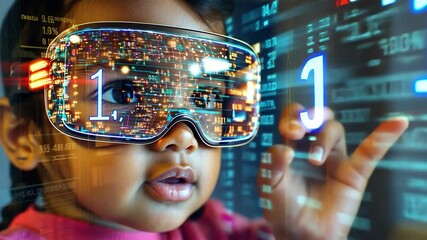 Poster - Child exploring augmented reality with digital interface and futuristic glasses in vibrant colors