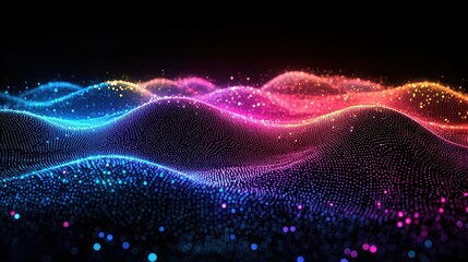 Poster - Colorful wave patterns with glowing particles in motion.