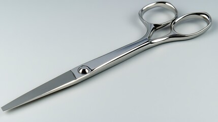 Close-up of sleek, metallic scissors on a neutral background.