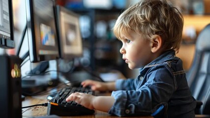 Aufkleber - A curious young child focuses intently on a computer screen, exploring digital content in a warm and inviting workspace filled with soft lighting and creative elements.